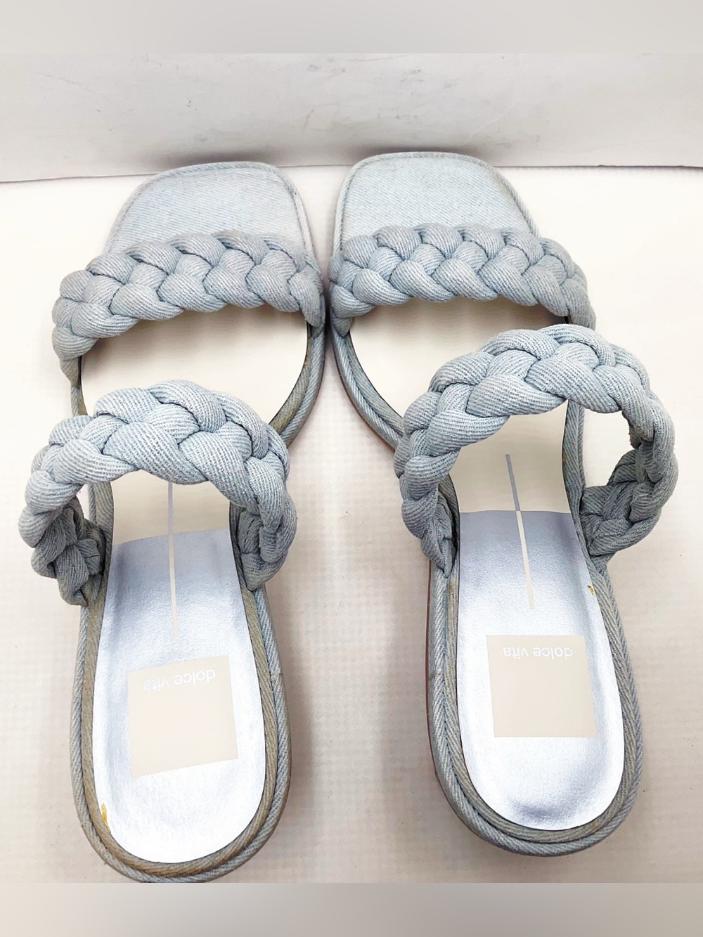 {Dolce Vita} Indy Light Blue Denim Slip On Open Square Toe Woven Straps Sandals - Picture 10 of 14